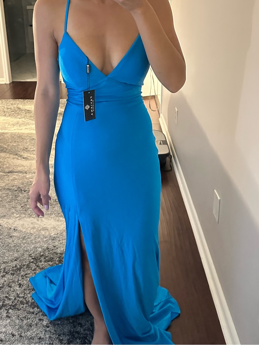 Faviana Teal-Blue Plunging V-Neck Spaghetti-Strap Prom Gown